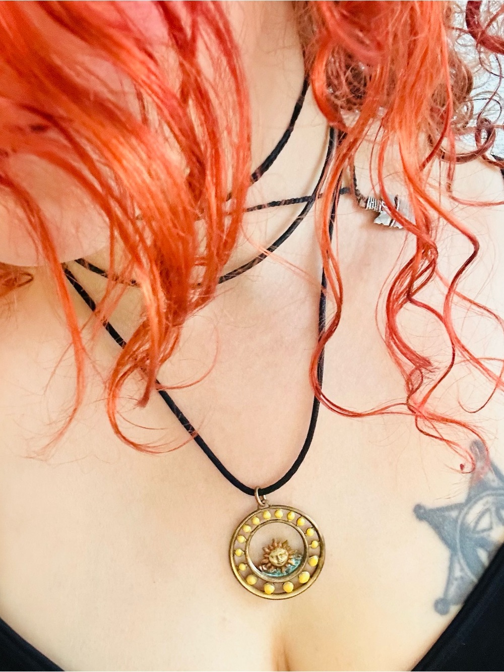Vintage 90s Brass Celestial Sun Pendant Necklace